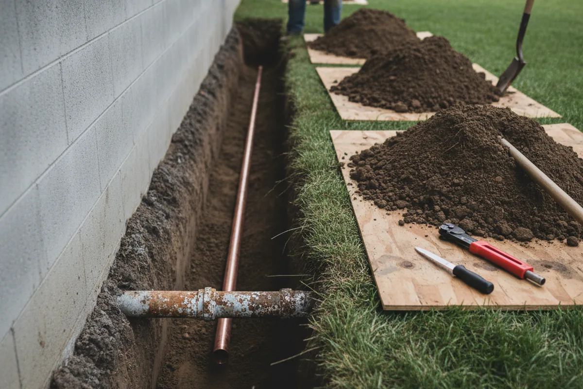 Excavated water line trench during Water Softener Installation in Sinton
